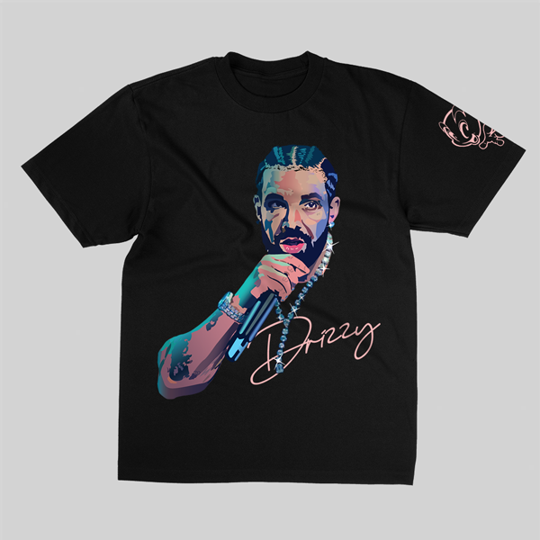 Black r-shirt with a hand-illustrated design of Drake on the front, capturing his iconic expression and style in a bold, artistic rendition.