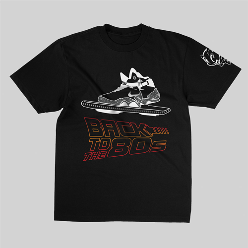 Black t-shirt featuring a hand-illustrated design inspired by the movie Back to the Future, showcasing iconic elements like the Hoverboard and time-travel details.