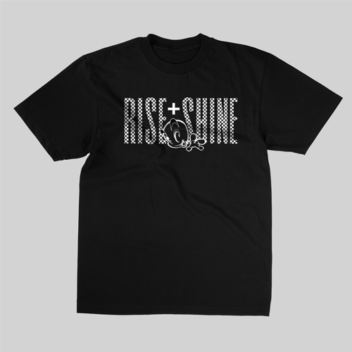 Front view of a black t-shirt featuring a vibrant 'Rise and Shine' design with a stylized checkered graphic and uplifting text.