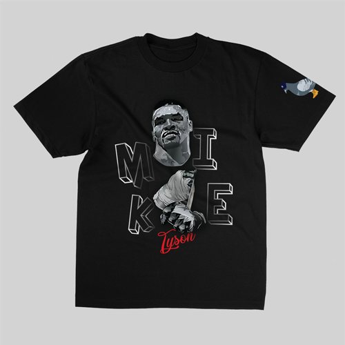 Front view of a black t-shirt featuring a design of Mike Tyson wrapping his hands, capturing his intense focus and readiness for the ring.