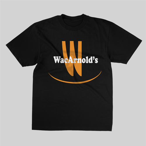 Black t-shirt featuring a playful, hand-illustrated 'WacArnolds' design on the front, inspired by a humorous take on a popular fast-food brand logo.