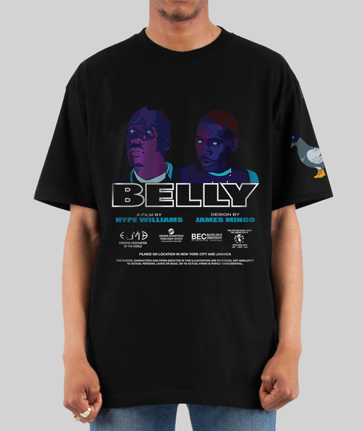 A man wearing a black t-shirt with a hand-illustrated design inspired by the movie Belly on the front, featuring bold, iconic imagery from the film in striking detail.